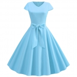 Sky Blue Women's Retro V Neck Autumn Casual Solid Short Sleeve Pleated Midi Skirt Dress