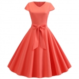 Wtmelon Red Women's Retro V Neck Autumn Casual Solid Short Sleeve Pleated Midi Skirt Dress