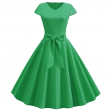 Green Women's Retro V Neck Autumn Casual Solid Short Sleeve Pleated Midi Skirt Dress