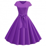 Purple Women's Retro V Neck Autumn Casual Solid Short Sleeve Pleated Midi Skirt Dress