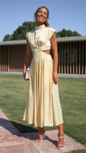 Light Yellow Sleeveless Cut Out Elegant Chic Fashion Women Maxi Dress