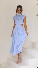 Light Blue Sleeveless Cut Out Elegant Chic Fashion Women Maxi Dress