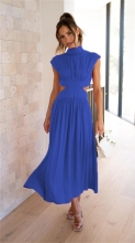Blue Sleeveless Cut Out Elegant Chic Fashion Women Maxi Dress