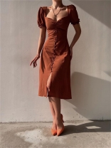 Brown Short Sleeve Single Breasted Elegant Simple Bodycon Birthday Party Midi Dress