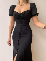 Black Short Sleeve Single Breasted Elegant Simple Bodycon Birthday Party Midi Dress