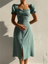 Green Short Sleeve Single Breasted Elegant Simple Bodycon Birthday Party Midi Dress