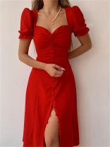 Red Short Sleeve Single Breasted Elegant Simple Bodycon Birthday Party Midi Dress