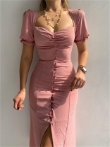 Pink Short Sleeve Single Breasted Elegant Simple Bodycon Birthday Party Midi Dress