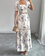 White Printed Short Sleeve Crop Tops Bodycon Waist Elegant Party Birthday Maxi Dress