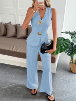 Sky Blue Sleeveless Vest Top Two Pieces Casual Simple Long Pant Sets Dress