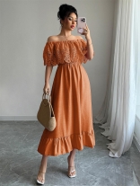 Orange Off Shoulder Lace Crochet Pleated Elegant Birthday Party Dress