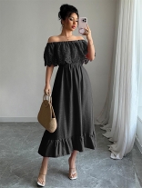 Black Off Shoulder Lace Crochet Pleated Elegant Birthday Party Dress