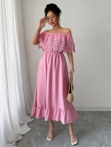 Pink Off Shoulder Lace Crochet Pleated Elegant Birthday Party Dress
