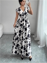 White-Black V Neck Printing Elegant Club Women's Chic Vacation Maxi Dress