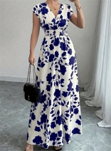 White-Blue V Neck Printing Elegant Club Women's Chic Vacation Maxi Dress