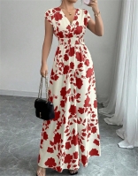 Red V Neck Printing Elegant Club Women's Chic Vacation Maxi Dress
