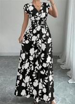 Black V Neck Printing Elegant Club Women's Chic Vacation Maxi Dress