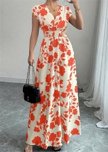 Orange V Neck Printing Elegant Club Women's Chic Vacation Maxi Dress