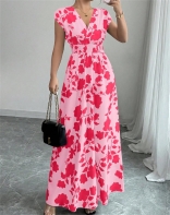 Pink V Neck Printing Elegant Club Women's Chic Vacation Maxi Dress
