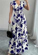 White-Blue V Neck Printing Elegant Club Women's Chic Vacation Maxi Dress