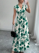 Green V Neck Printing Elegant Club Women's Chic Vacation Maxi Dress
