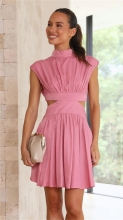 Pink High Neck Sleeveless Cut Out Pleated Mini Skirt Dress