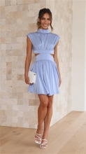 Sky Blue High Neck Sleeveless Cut Out Pleated Mini Skirt Dress