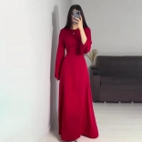 Red Elegant Women Party Long Sleeve Back Lace Up Formal Long Dress