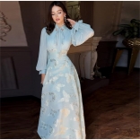 SkyBlue Mesh Long Sleeve Elegant Women Fashion Gilding Maxi Dress
