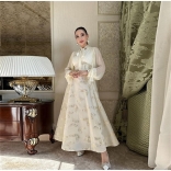 Apricot Mesh Long Sleeve Elegant Women Fashion Gilding Maxi Dress