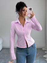 Pink Long Sleeve Lapel Neck Striped Women Fashion T-Skirt Dress