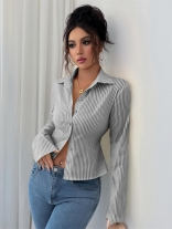 Black Long Sleeve Lapel Neck Striped Women Fashion T-Skirt Dress