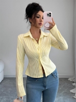 Yellow Long Sleeve Lapel Neck Striped Women Fashion T-Skirt Dress