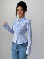 Blue Long Sleeve Lapel Neck Striped Women Fashion T-Skirt Dress