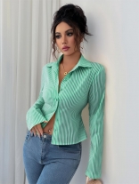 Green Long Sleeve Lapel Neck Striped Women Fashion T-Skirt Dress