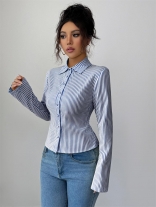 Royal Blue Long Sleeve Lapel Neck Striped Women Fashion T-Skirt Dress