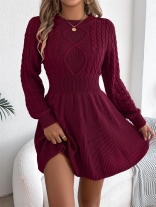 Claret Waisted Lantern Long Sleeve Knitting Sweaters Party Mini Skirt Dress