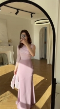 Pink Mesh Long Sleeve Pleated Luxury Stain Evening Formal Maxi Dress