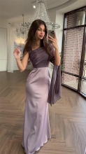 Purple Mesh Long Sleeve Pleated Luxury Stain Evening Formal Maxi Dress