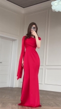 Red Mesh Long Sleeve Pleated Luxury Stain Evening Formal Maxi Dress