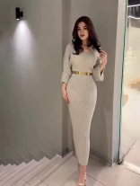 Light Gray Half Sleeve Knitting Stripes Pleated Women Luxury Midi Dress with Belt