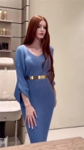 Blue Half Sleeve Knitting Stripes Pleated Women Luxury Midi Dress with Belt
