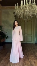 Pink Long Sleeve Mesh Ruffles Luxury Evening Maxi Dress