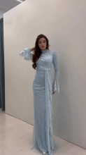 Blue Long Sleeve Lace Luxury Women's Evening Party Formal Maxi Dress