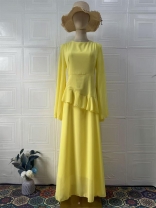 Yellow Long Sleeve Mesh Ruffles Luxury Evening Maxi Dress