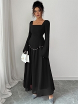 BlackLong Sleeve Elegant Square Neck Mesh Pleated Pearls Maxi Dress