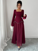 Claret Long Sleeve Elegant Square Neck Mesh Pleated Pearls Maxi Dress
