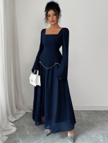 Royal Blue Long Sleeve Elegant Square Neck Mesh Pleated Pearls Maxi Dress