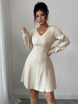 Apricot Long Sleeve Knitting Sweaters Casual Mini Skirt Dress