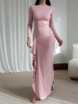 Pink Long Sleeve Pleated Back Lace Up Ruffles Prom Evening Maxi Dress